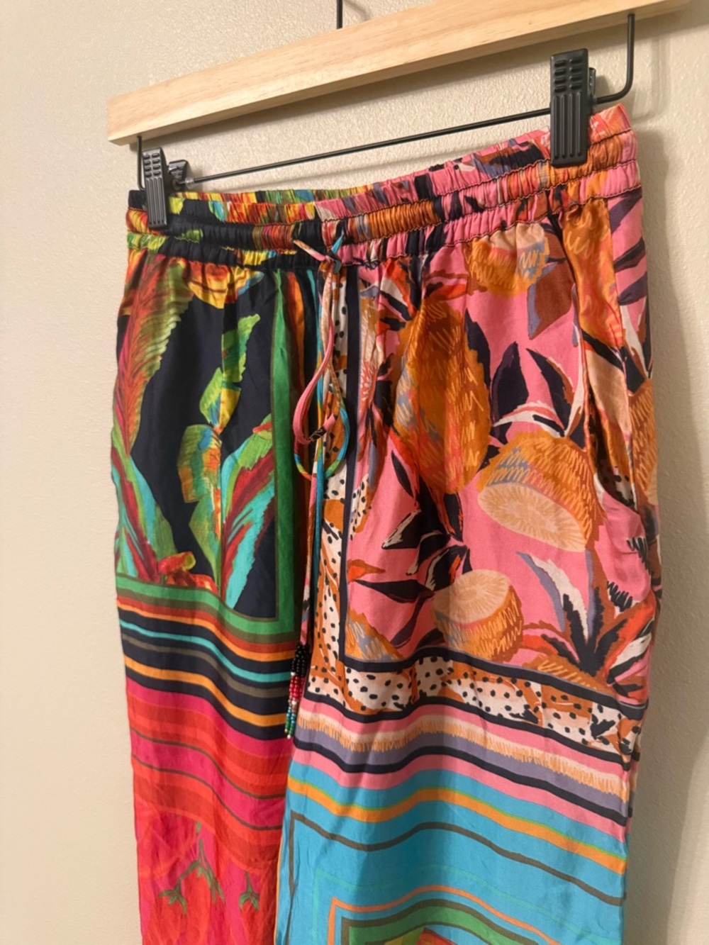 Farm Rio Resort Pants Mixed Scarf Print tropical Tassel Tie High Rise Size S - Picture 5 of 11